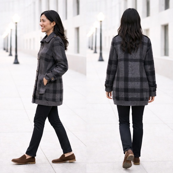 Burberry Brit Double Breasted Thick Wool Sweater Coat Gray Plaid Small Like New - Picture 2 of 12